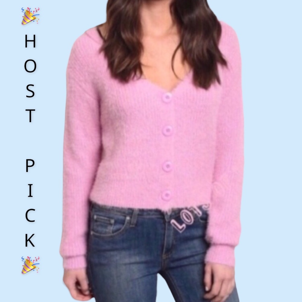 ❌DONATED❌Pink V-Neck Button Up Soft Fuzzy Knit Sweater Top - Picture 1 of 11